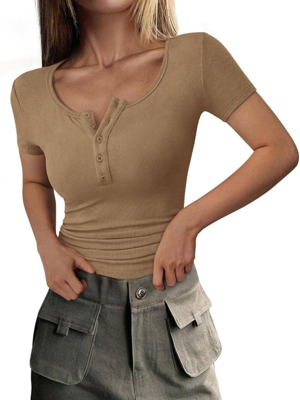 Women's Light Khaki Short Sleeve Ribbed Henley Button Slim Fit Casual T Shirts